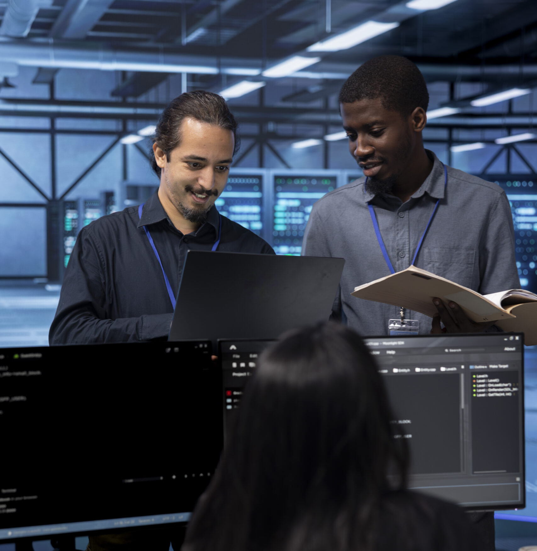 Cheerful teamworking engineers in data center looking for firewall misconfigurations affecting servers. Happy multiethnic employees checking systems bottlenecks leading to sluggish data transfer rates