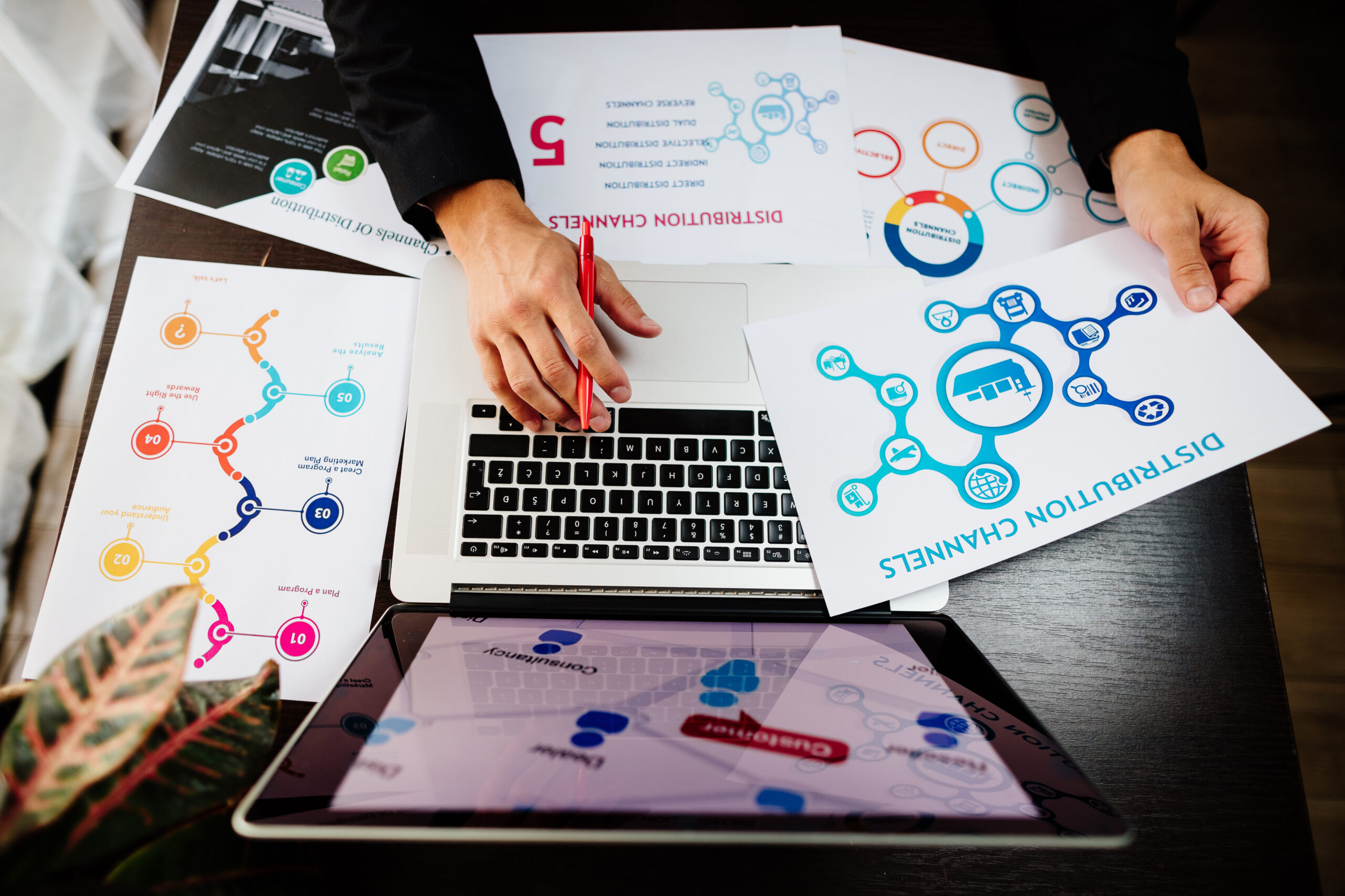 marketing manager making marketing distribution channels plan marketing manager making marketing distribution channels plan. Marketing manager desk with plans and strategy of distributive channels for new product.